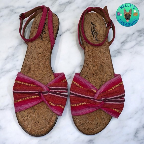 Lucky Brand Sandals Women's 8.5 B Pink Bow Cork‎ Flats Western Cowgirl Y2K Boho - Picture 1 of 6